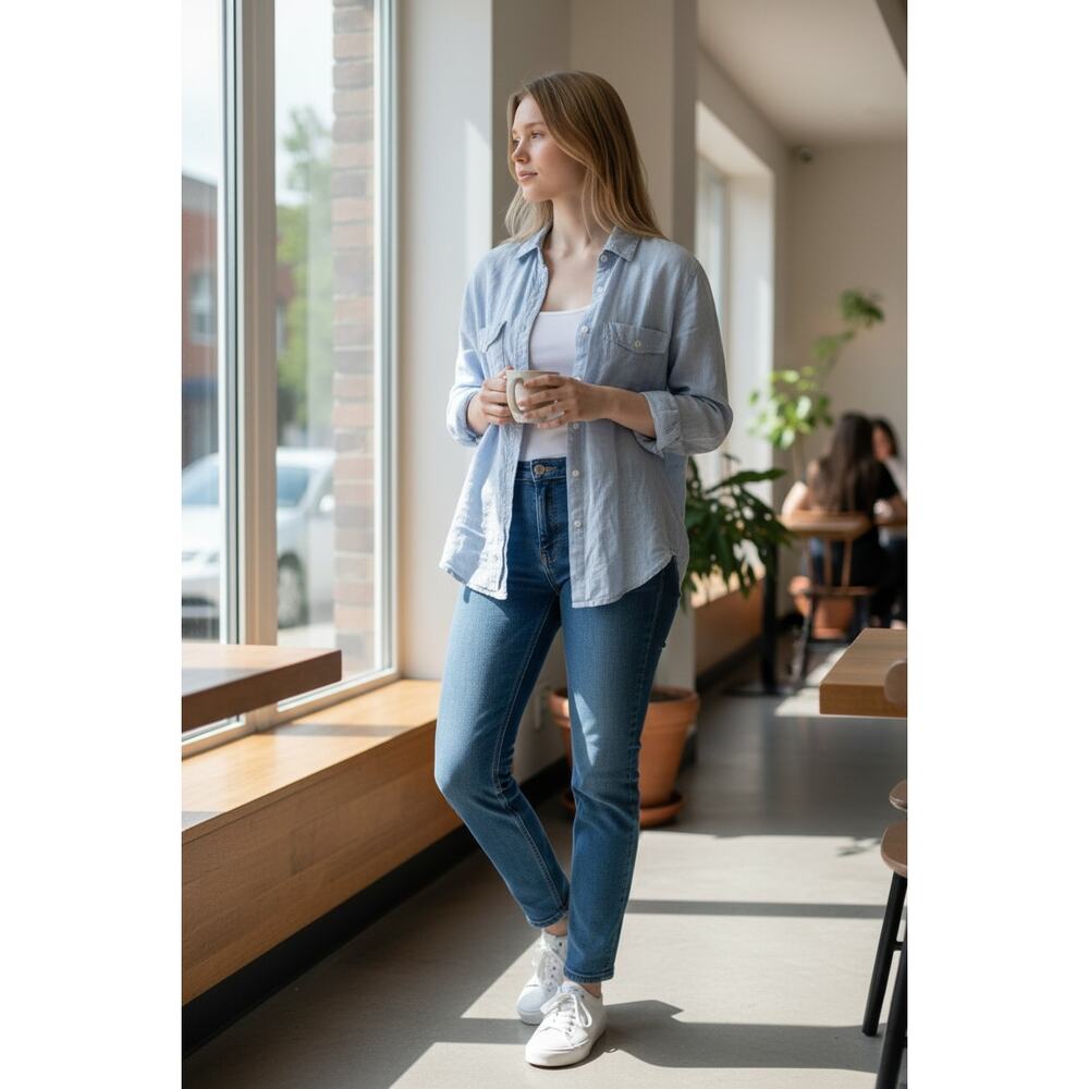 ROBERTA ROLLER RABBIT Top Size XS Chambray Denim 100% Linen Button Down